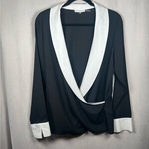 Calvin Klein Open/Low Neck Tuxedo Style Cuffed Blouse - Medium in Black & White